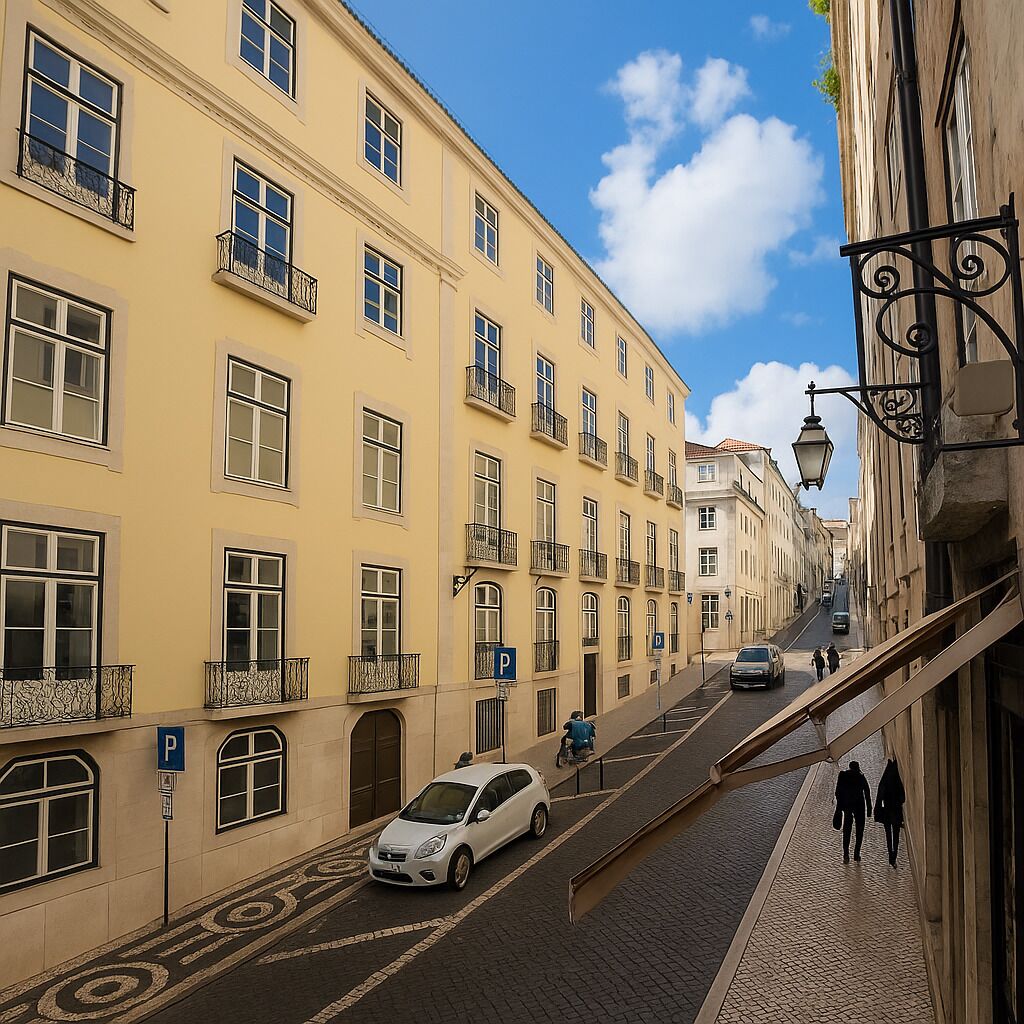 Une rue bordée d’immeubles jaunes, une voiture blanche garée sur le côté et un trottoir pour les piétons.