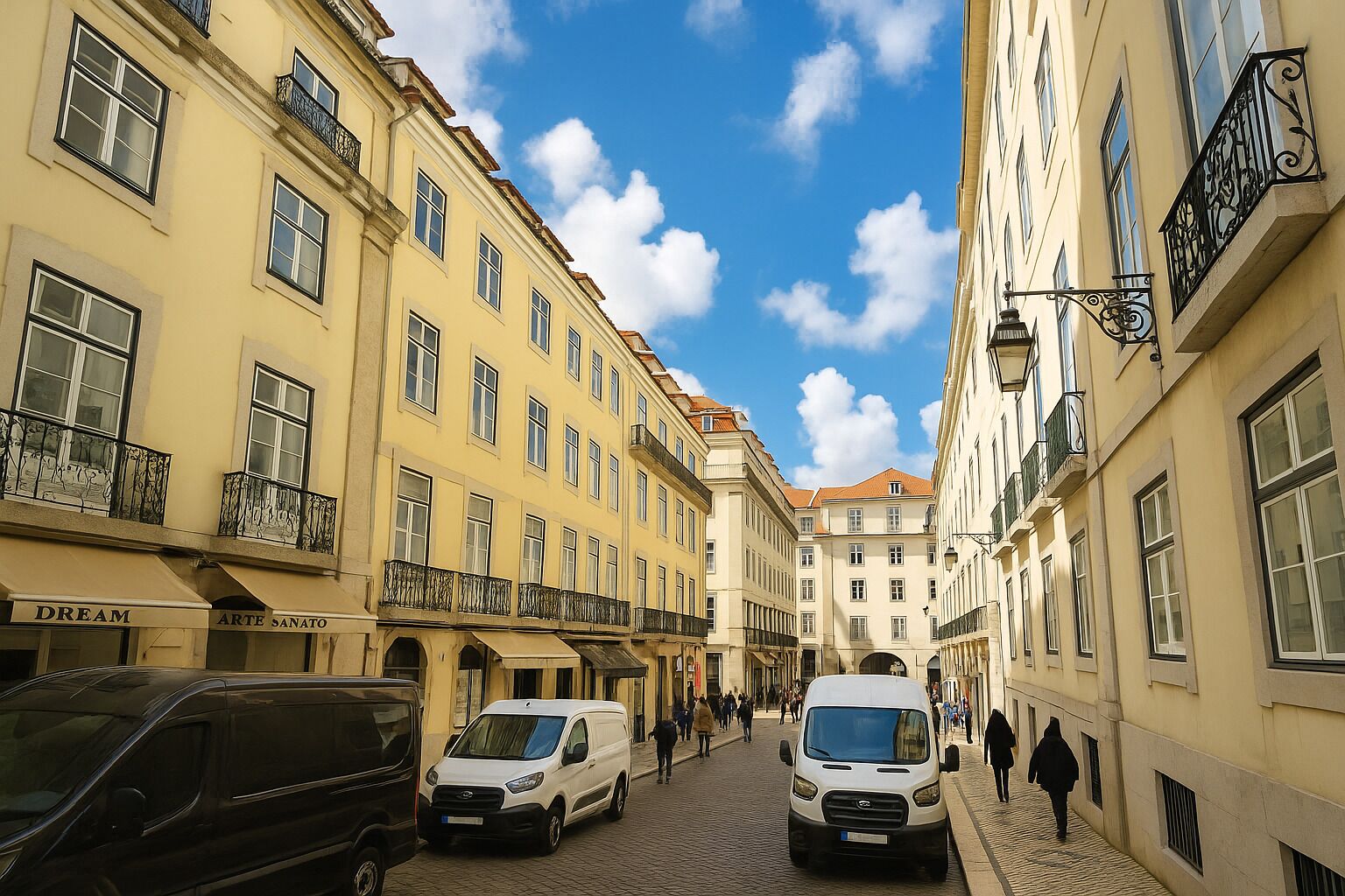 Une rue étroite bordée d’immeubles jaunes, où sont garés des fourgons et où l’on croise des piétons.