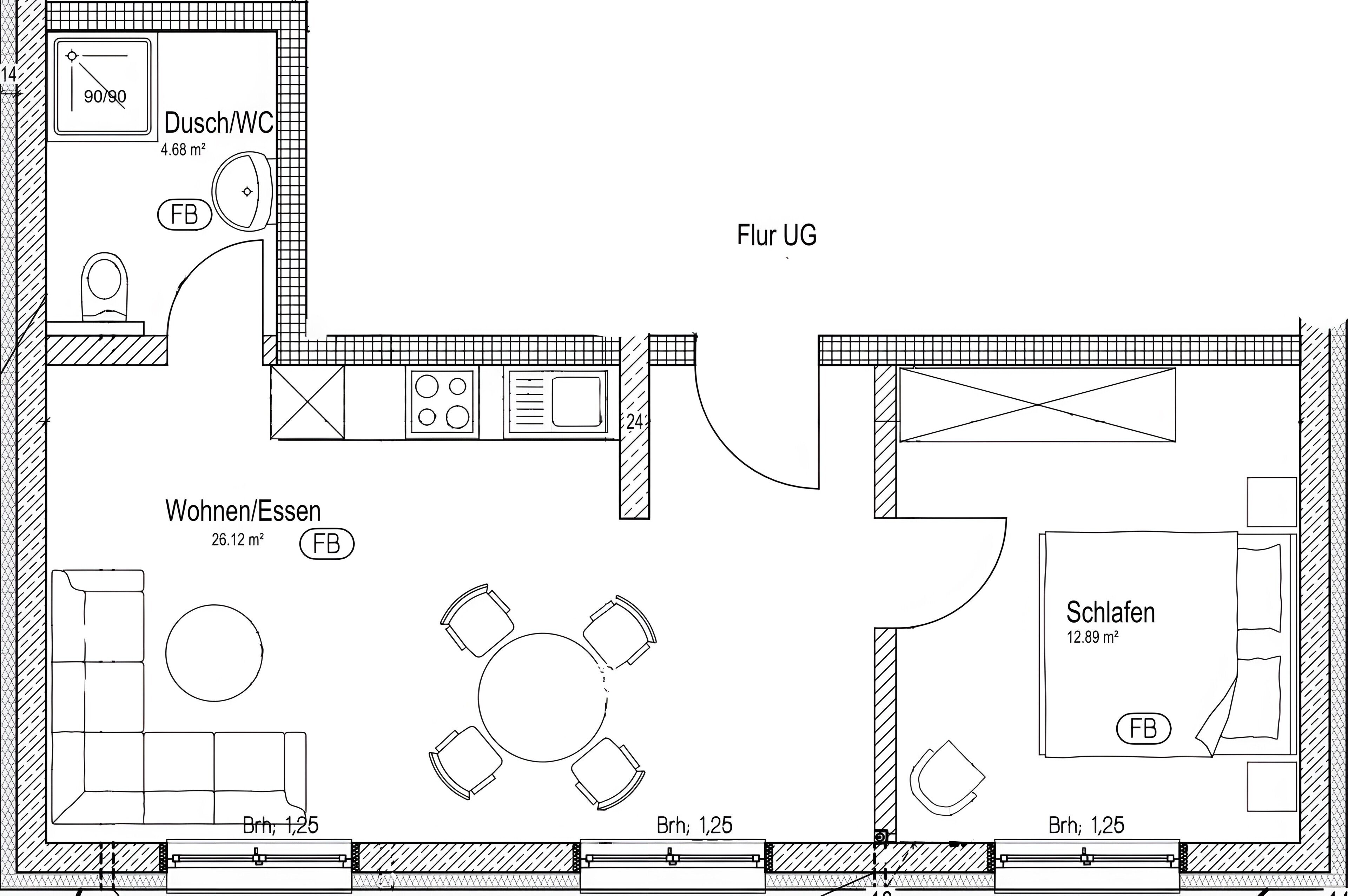 Ein Grundriss eines Hotelzimmers mit Wohnbereich, Küchenzeile, Bad und Schlafzimmer.