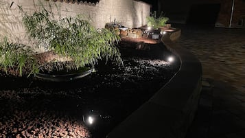 Een tuin 's nachts met waterpartijen, beplanting en een stenen muur.