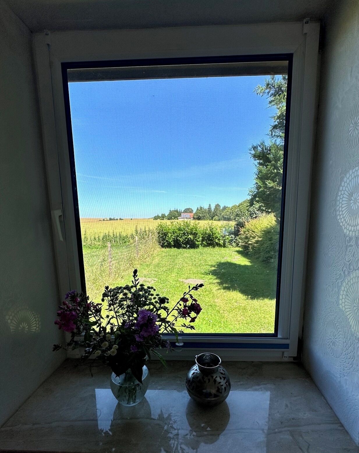 Ein Fenster mit Blick auf ein grünes Feld und Bäume, eine Vase mit Blumen und eine dekorative Schale auf einem Tisch.