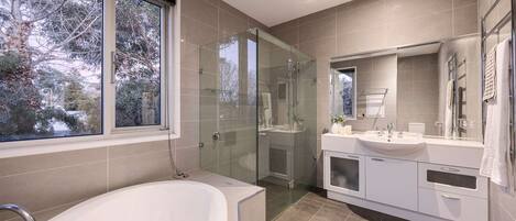 A modern bathroom with a glass-enclosed shower, a large bathtub, and a vanity with a mirror.