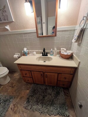 Secadora de cabello, toallas, jabón, papel de baño 