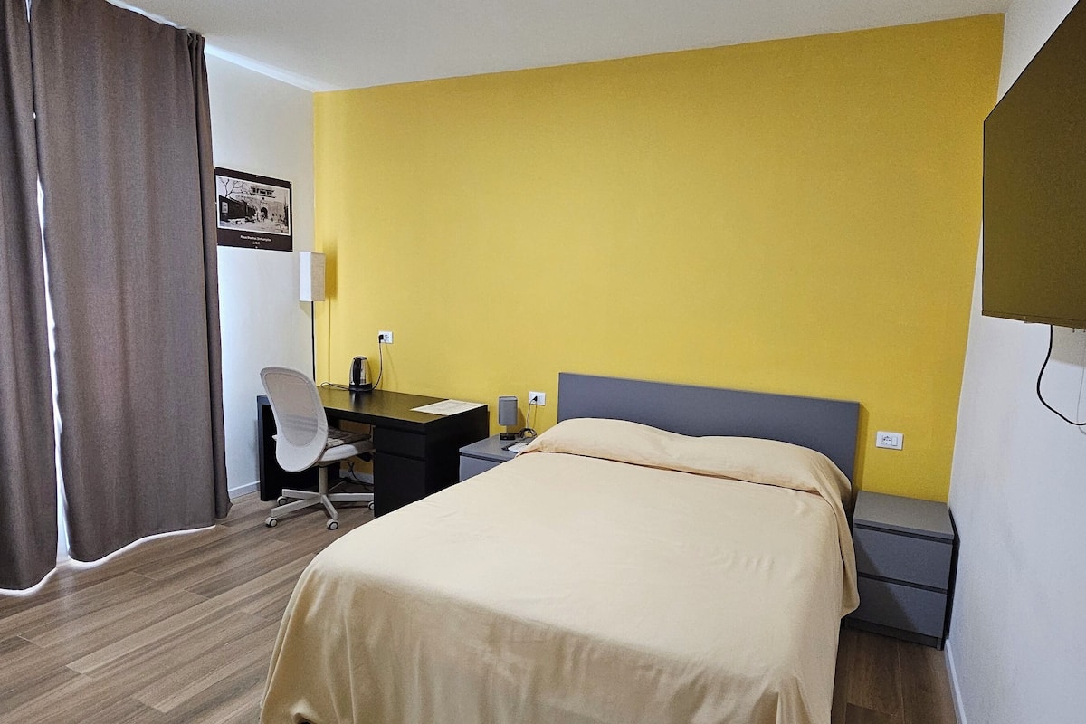 A hotel room with a bed, a desk, a chair, and a television.