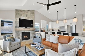 TV, fireplace, books, stereo