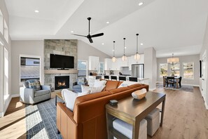 TV, fireplace, books, stereo
