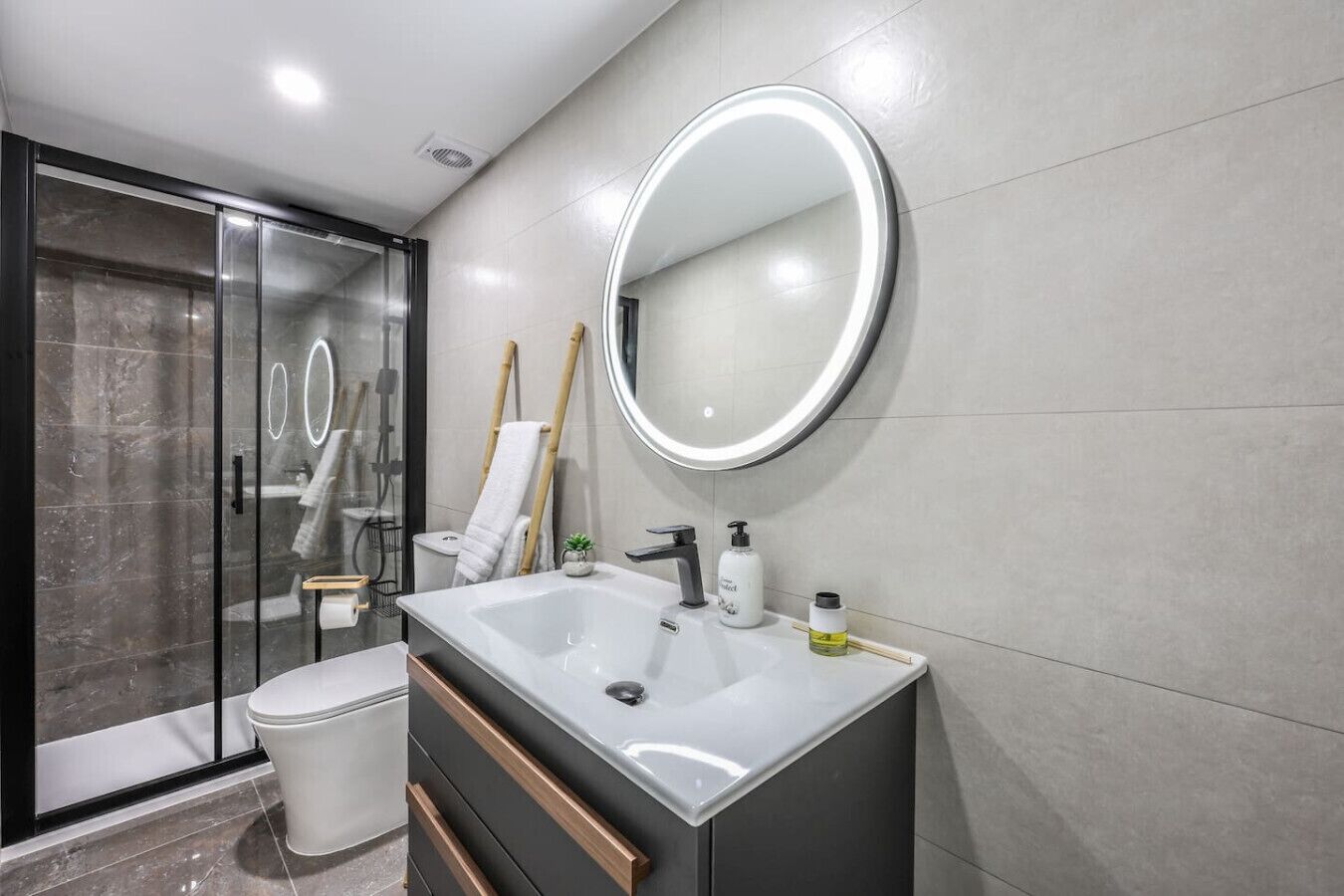 Shower, towels, soap, toilet paper