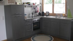 A kitchen with grey cabinets, a built-in oven, a sink, and a window with blinds. - Apartment 'Loft Straussi' with Shared Garden and Wi-Fi (Tuttlingen)