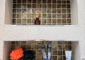 Hair dryer, towels, soap, shampoo