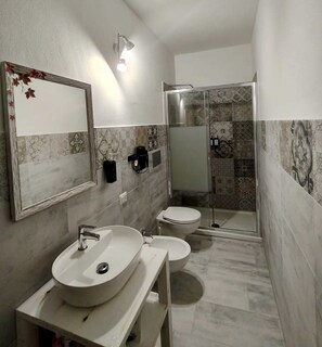 Regadera, secadora de cabello, bidet, toallas