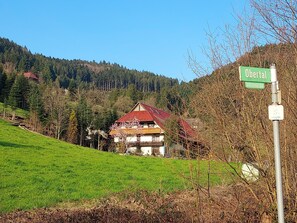 A rural house with a red roof, surrounded by greenery and a clear sky.