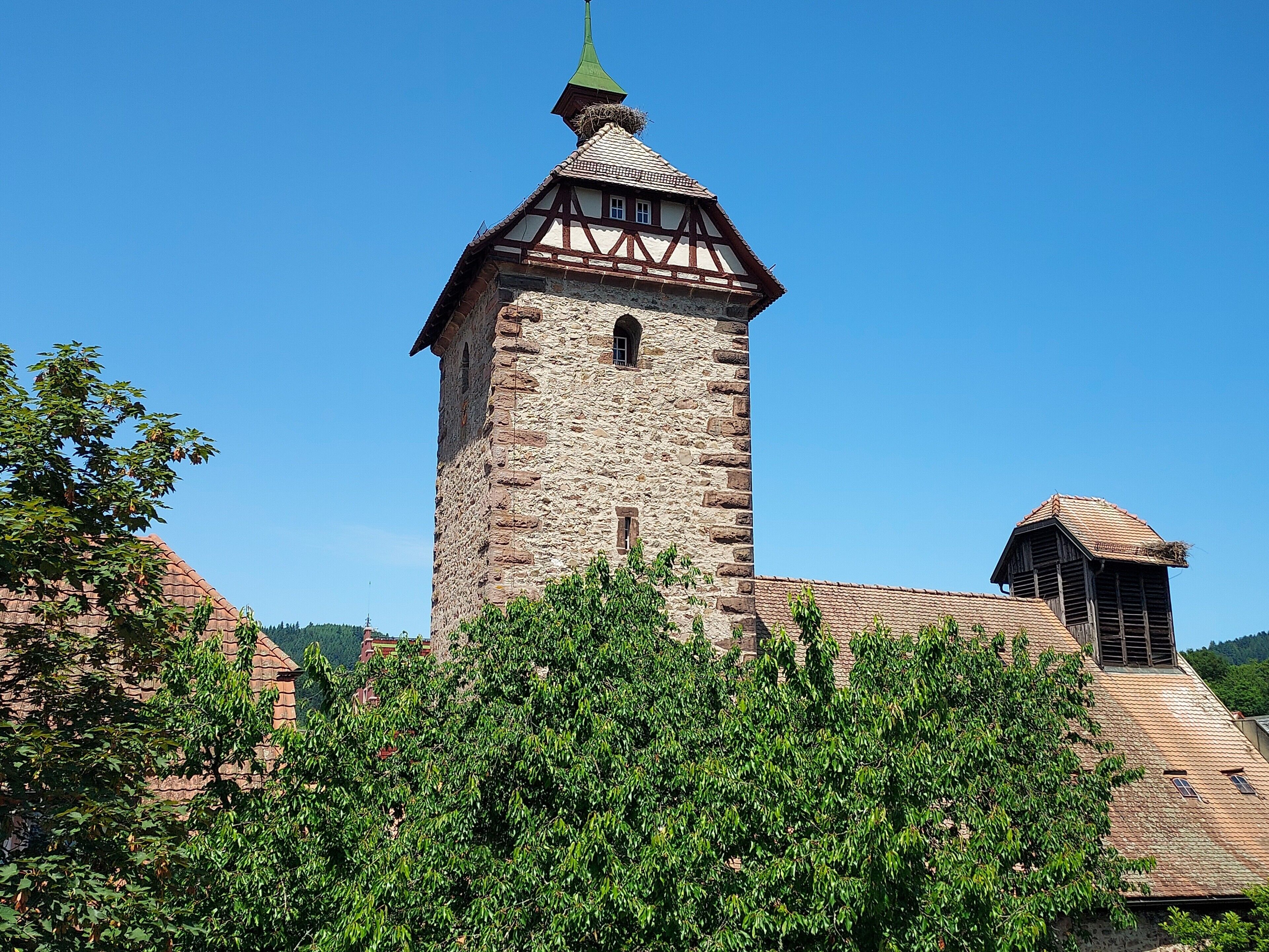 A historic stone tower with a steep roof and a green spire, surrounded by lush greenery.