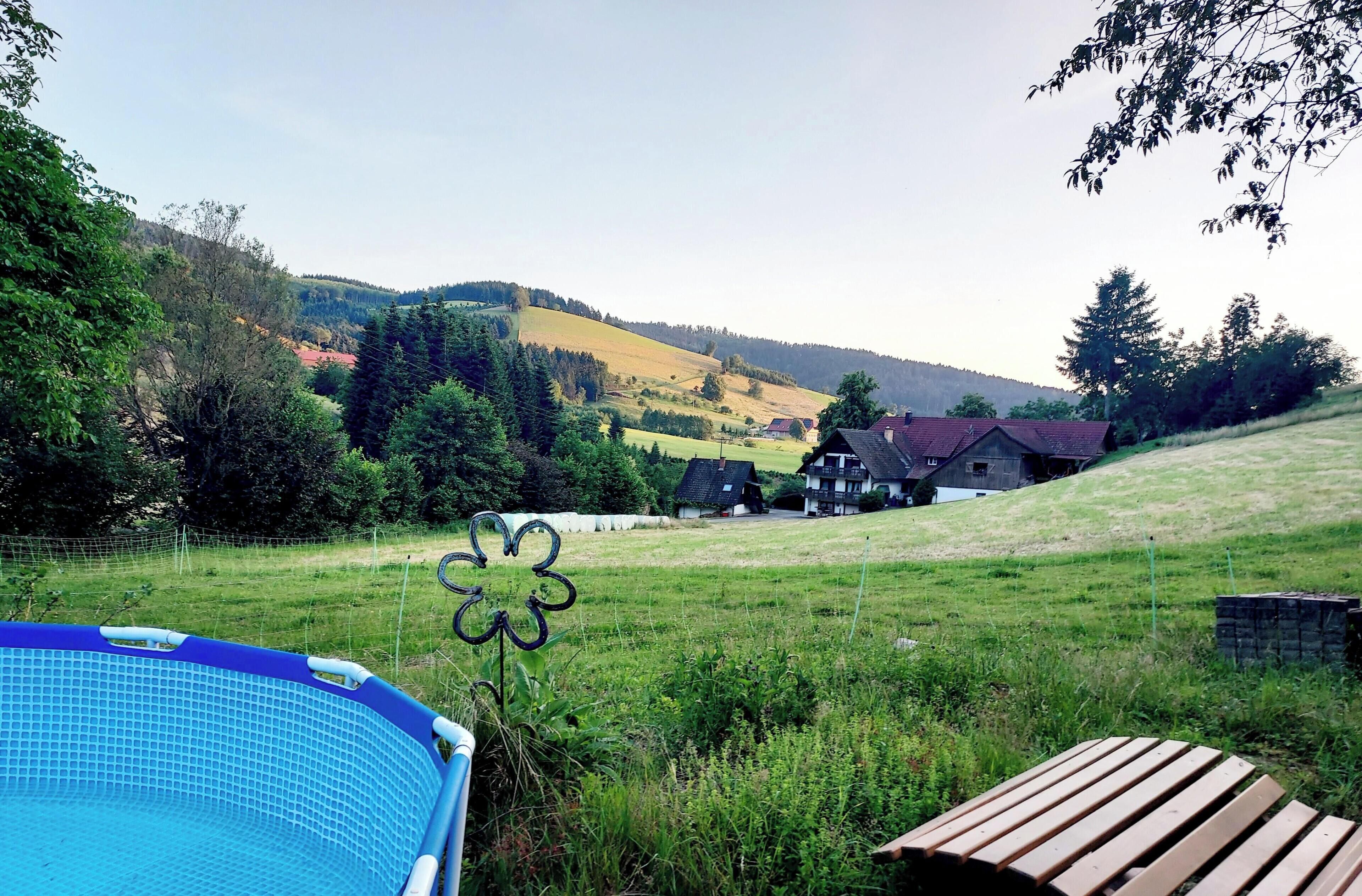 A pool, a wooden bench, and houses in a rural setting.