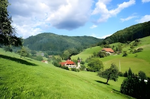 A rural landscape with rolling hills, a few scattered houses, and a clear sky.