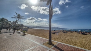 A beach with palm trees, a clear sky, and a sun shining. - Beachfront Apartment in Las Palmas Near Playa (Las Palmas de Gran Canaria)