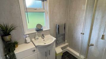 Shower, hair dryer, toilet paper