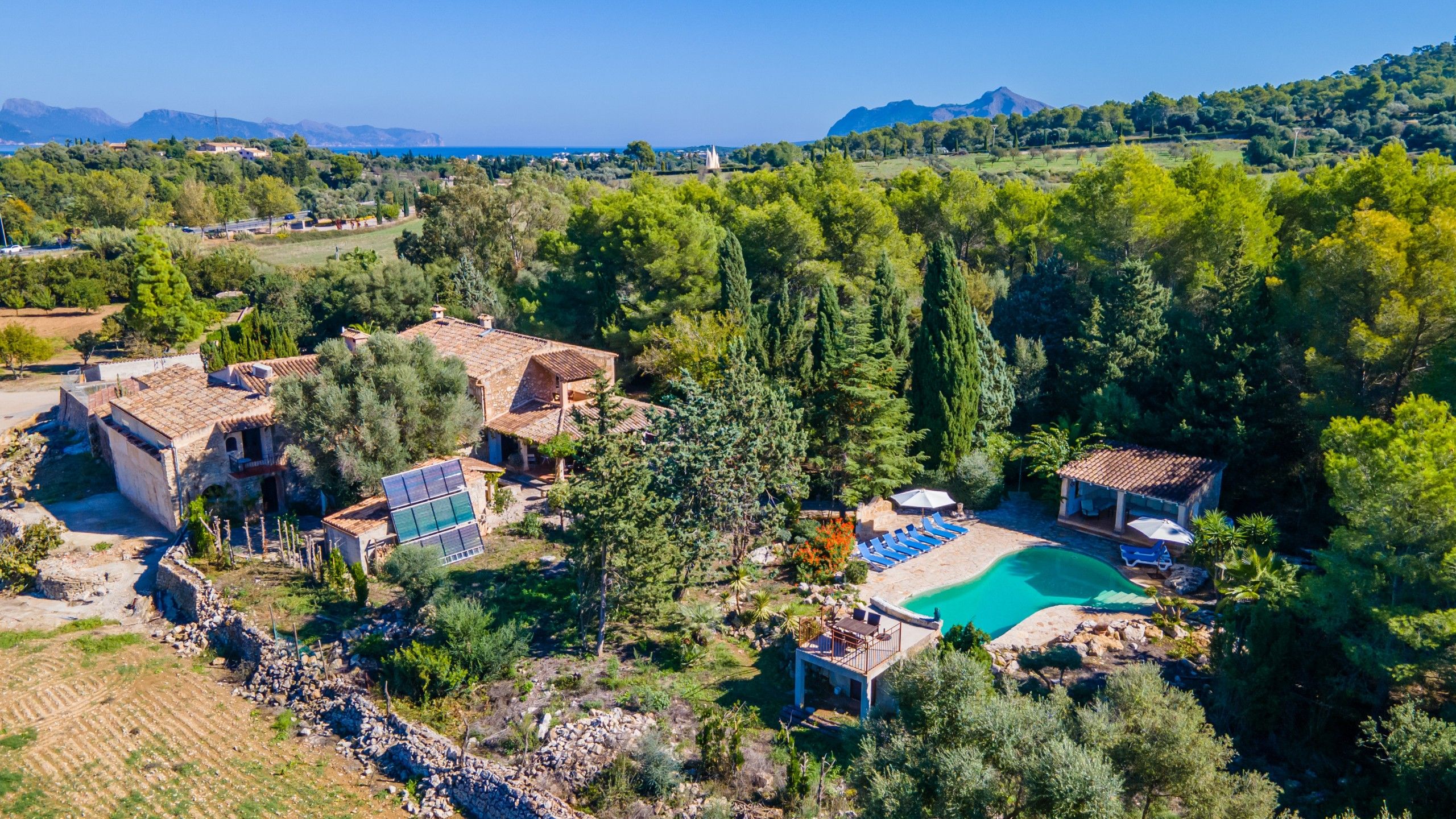 Una villa con piscina rodeada de árboles, cielo despejado y montañas a lo lejos.