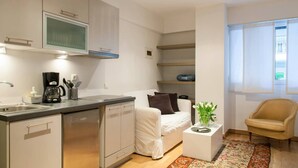 A compact living space with a kitchenette, a sofa, a chair, and a small table with a plant.