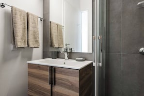 Shower, hair dryer, towels