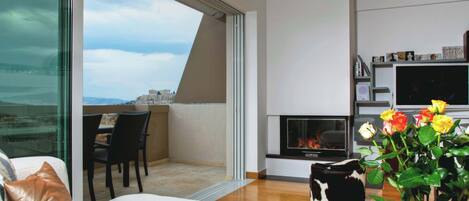 Una televisión, una chimenea, un reproductor de DVD
