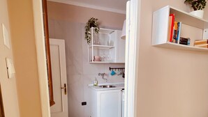 Un pasillo que conduce a una cocina con gabinetes blancos, un lavamanos y una planta en maceta.