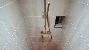 Shower, towels, soap, toilet paper