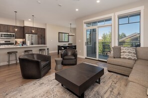 Smart TV, fireplace, books, stereo