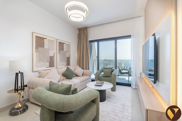 Luxury Apartment, Balcony, Harbour View | Living area | 65-inch Smart TV with cable channels - Binghatti Creek Harbour View Big Balcony (Dubai)