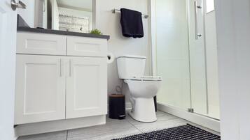 Shower, hair dryer, towels, soap