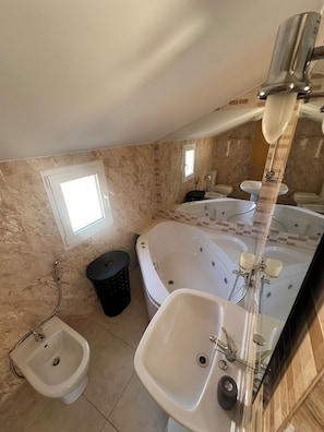 Shower, jetted tub, hair dryer, bidet