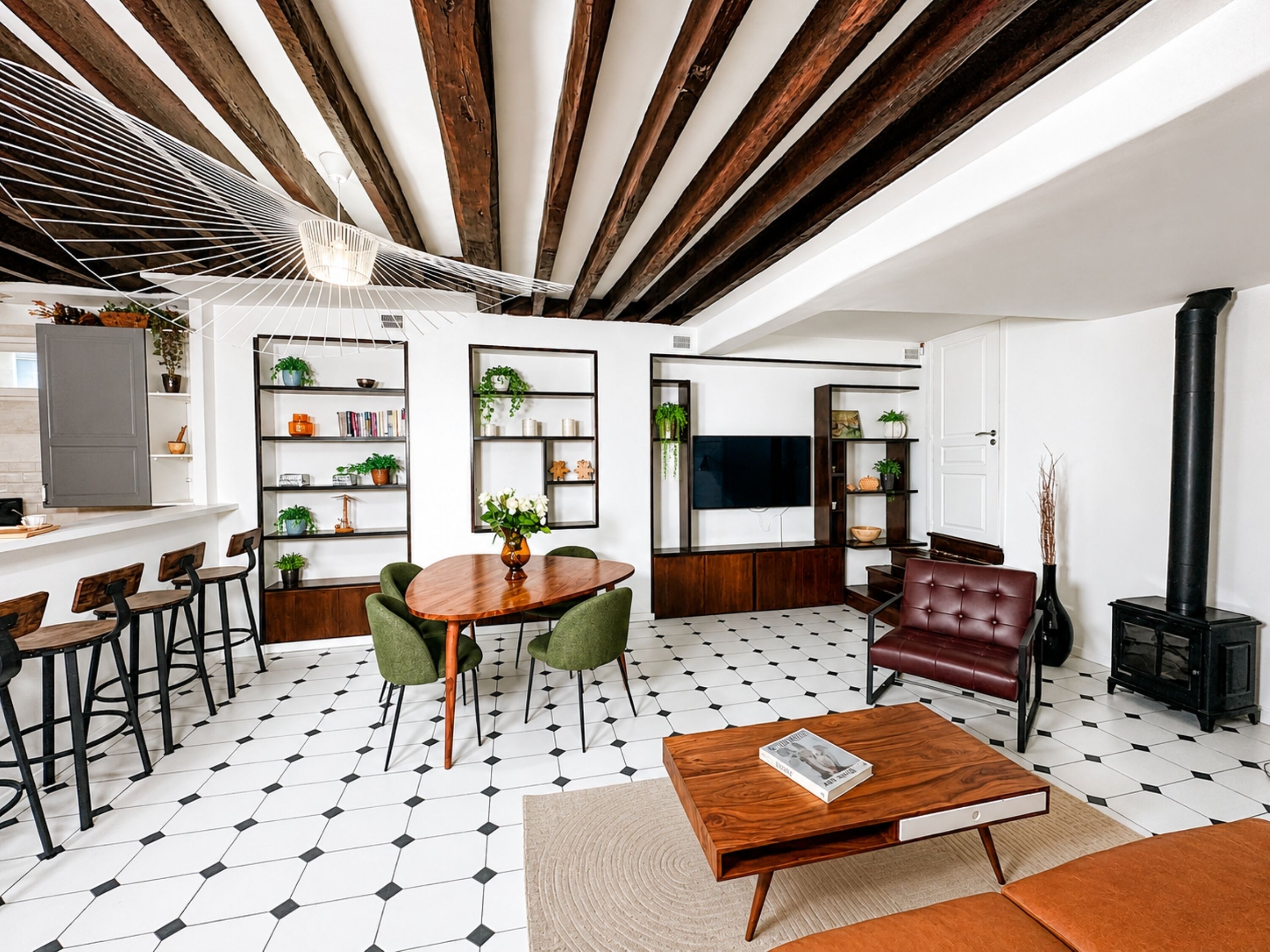 Un soggiorno moderno con zona pranzo, caratterizzato da un soffitto in legno, pavimento a scacchi bianco e nero e un camino a legna nero.
