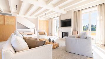 Televisie, een open haard, videospelletjes en een dvd-speler