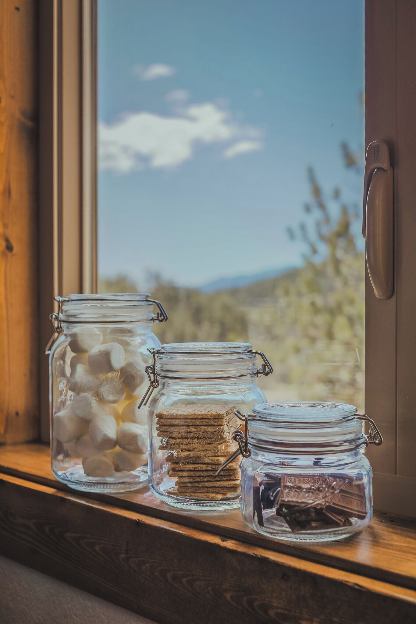 Three glass jars on a wooden shelf by a window with a view of trees and mountains.