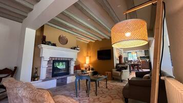 Télévision, cheminée, table de tennis de table, livres