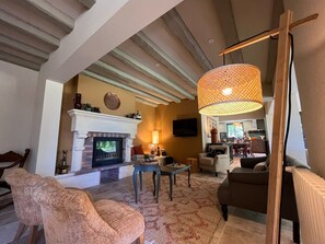 Télévision, cheminée, table de tennis de table, livres