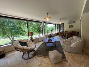 Télévision, cheminée, table de tennis de table, livres