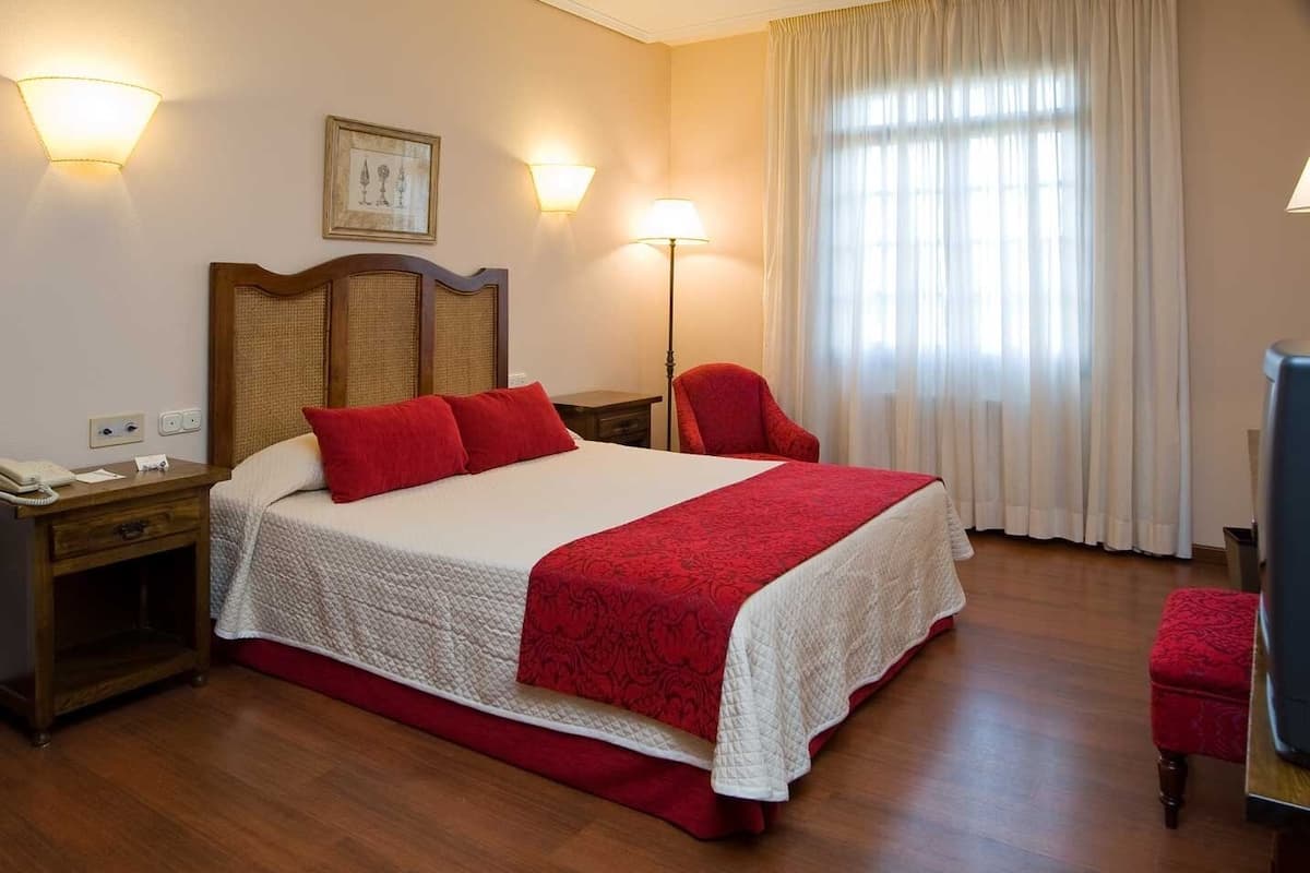 A hotel room with a large bed, a nightstand with a lamp, a chair, and a television.