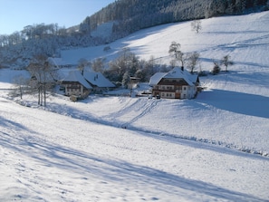 Un paisaje nevado con dos casas tradicionales, cielo despejado y una colina boscosa al fondo.
