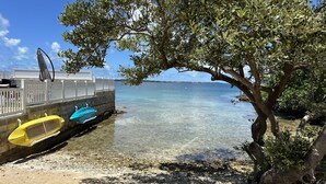 A beach with clear water, a white fence, and a tree. - Blue Water (Southampton Parish)