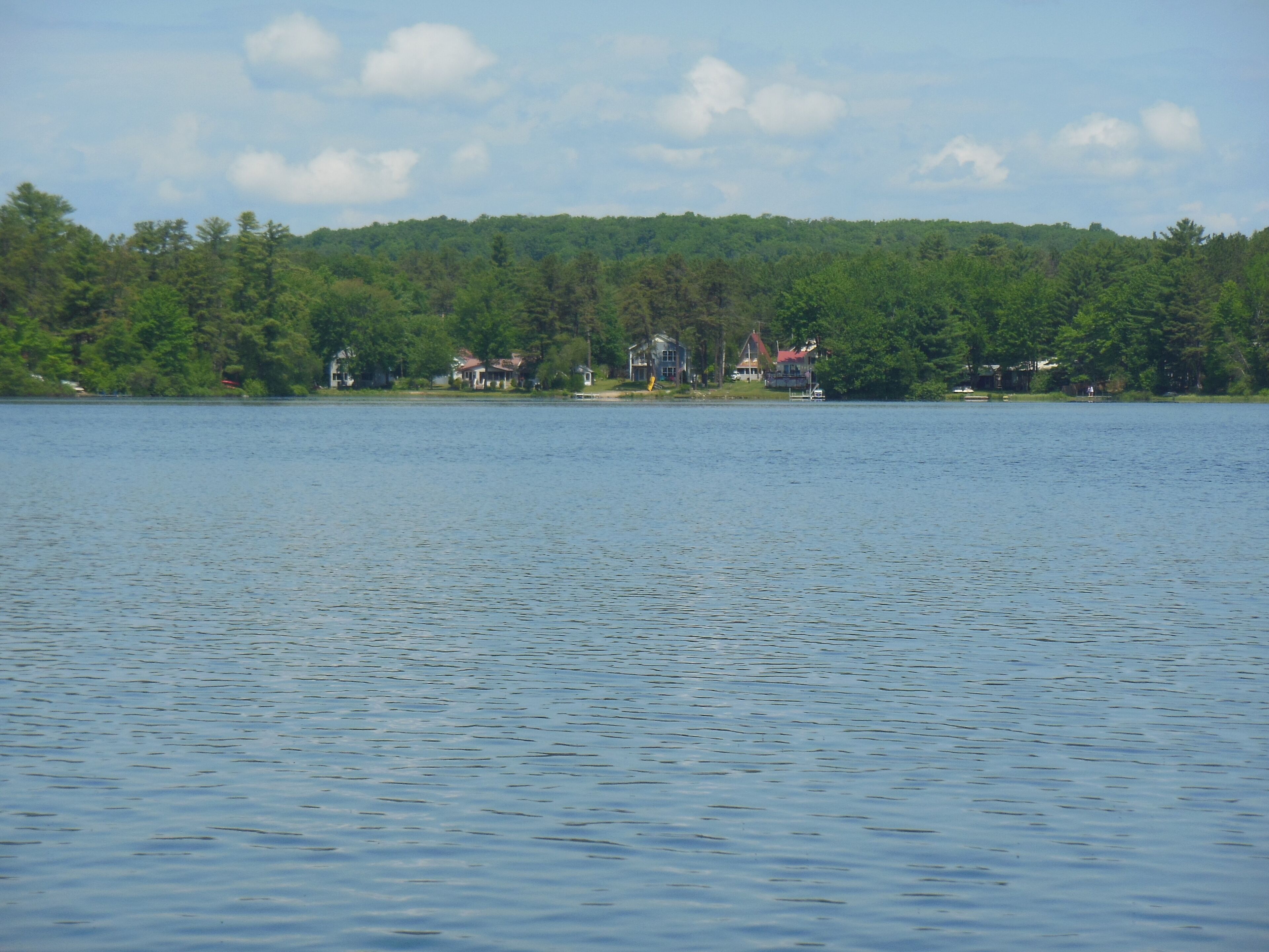 A lake with houses on the shore.