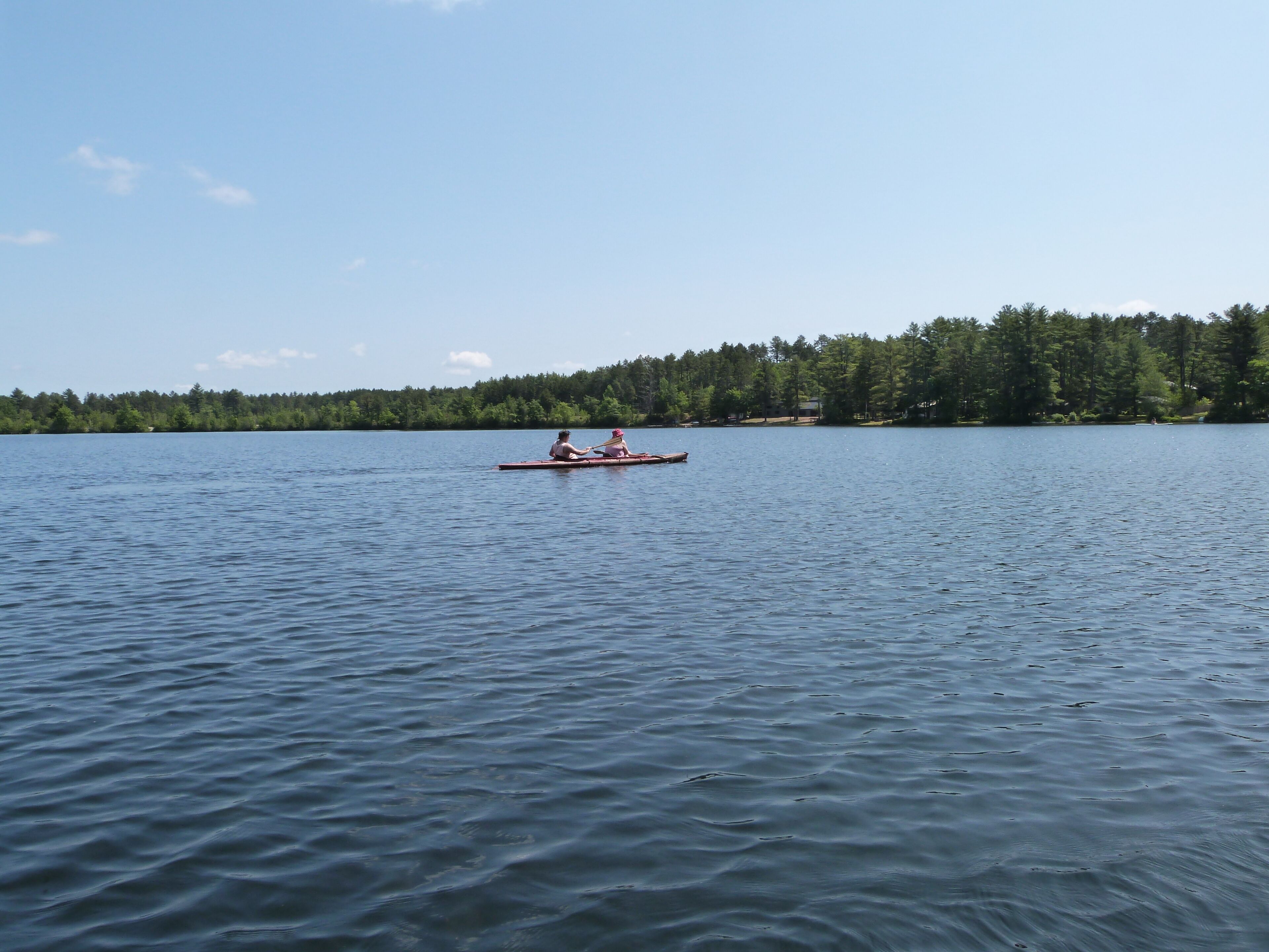 A calm lake with a canoe in the center and a forested shoreline in the background.