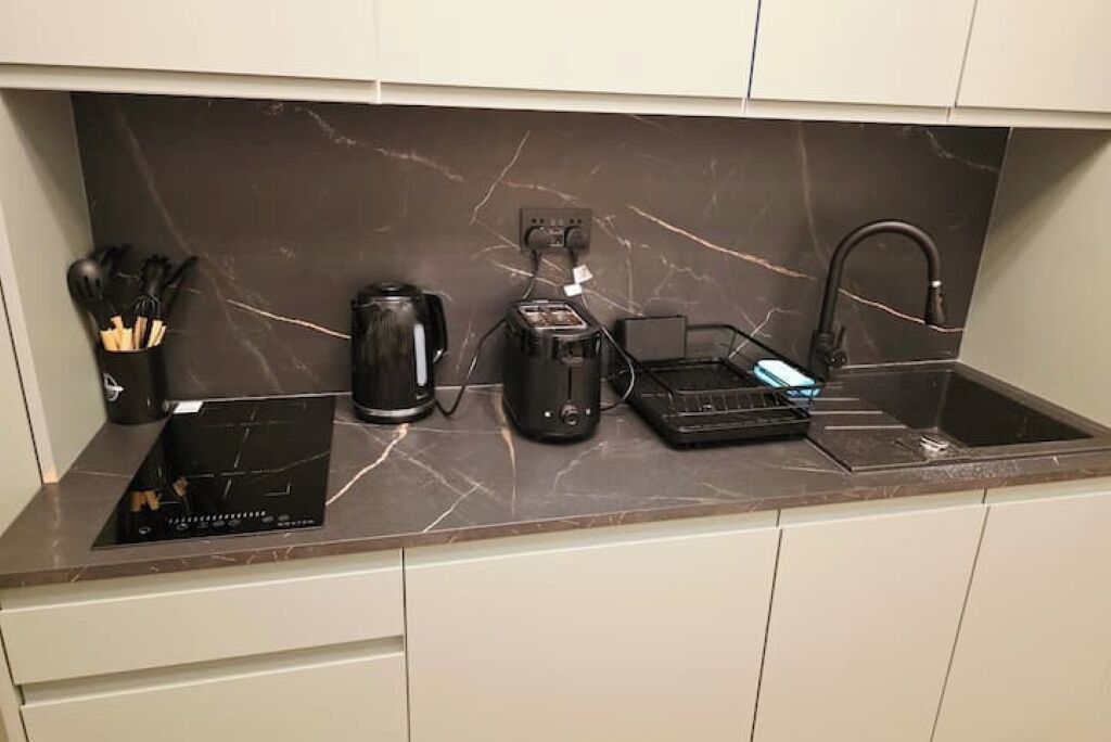 Fridge, microwave, electric kettle, toaster