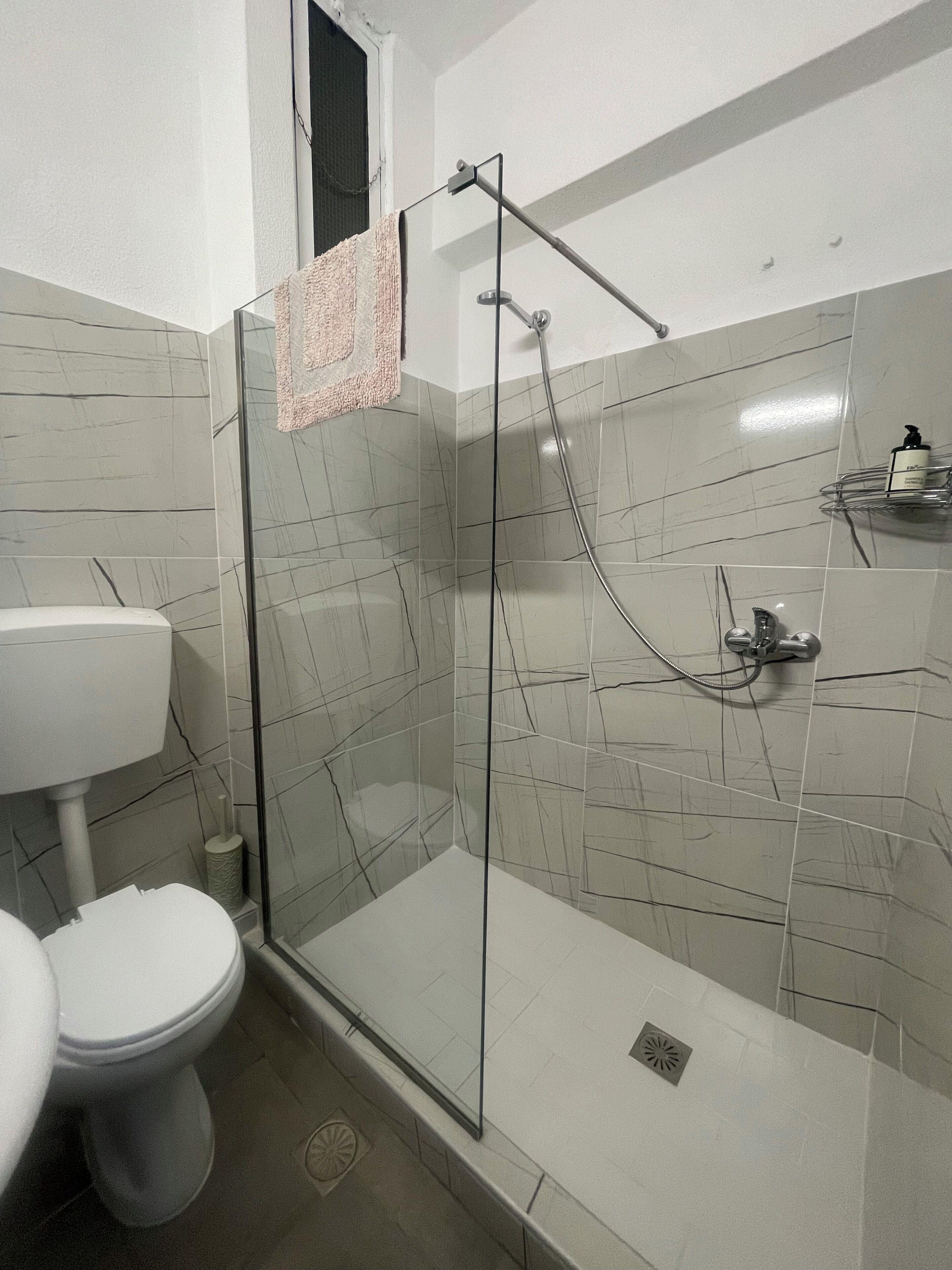 A bathroom with a glass-enclosed shower, a toilet, and a sink.