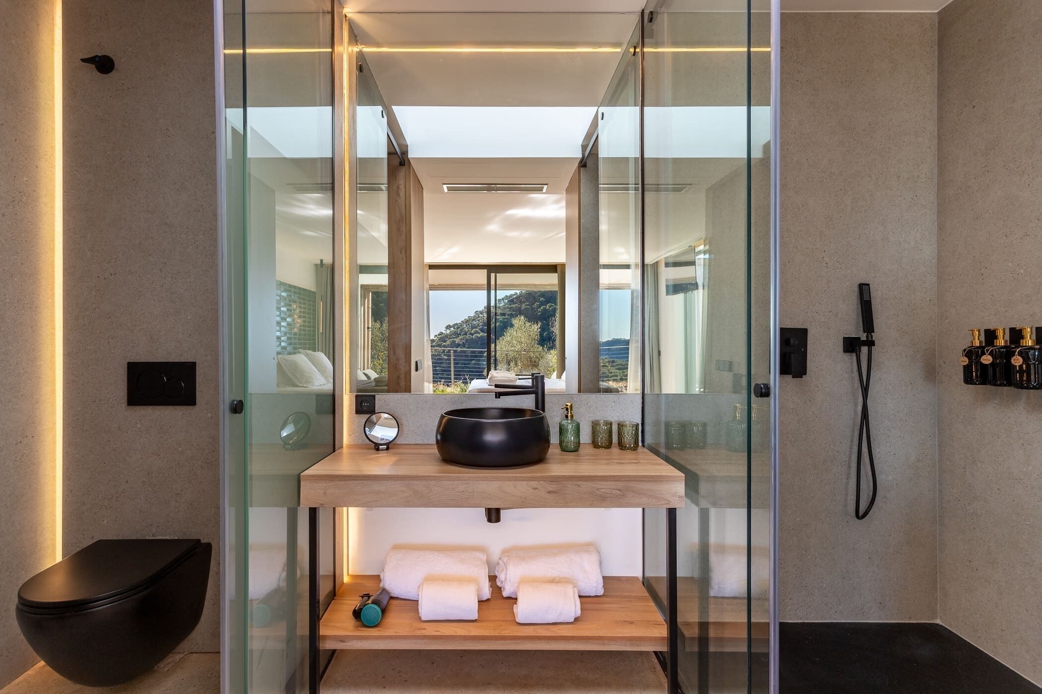 Shower, hair dryer, slippers, towels