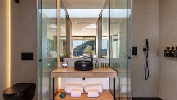 Shower, hair dryer, slippers, towels