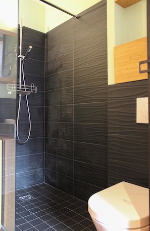 Douche, sèche-cheveux, serviettes fournies, savon