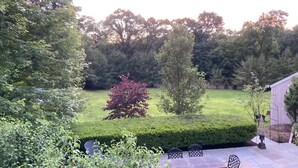A garden with a lawn, a small tree, and a patio area with chairs.