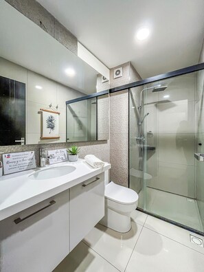 Hair dryer, towels, soap, toilet paper