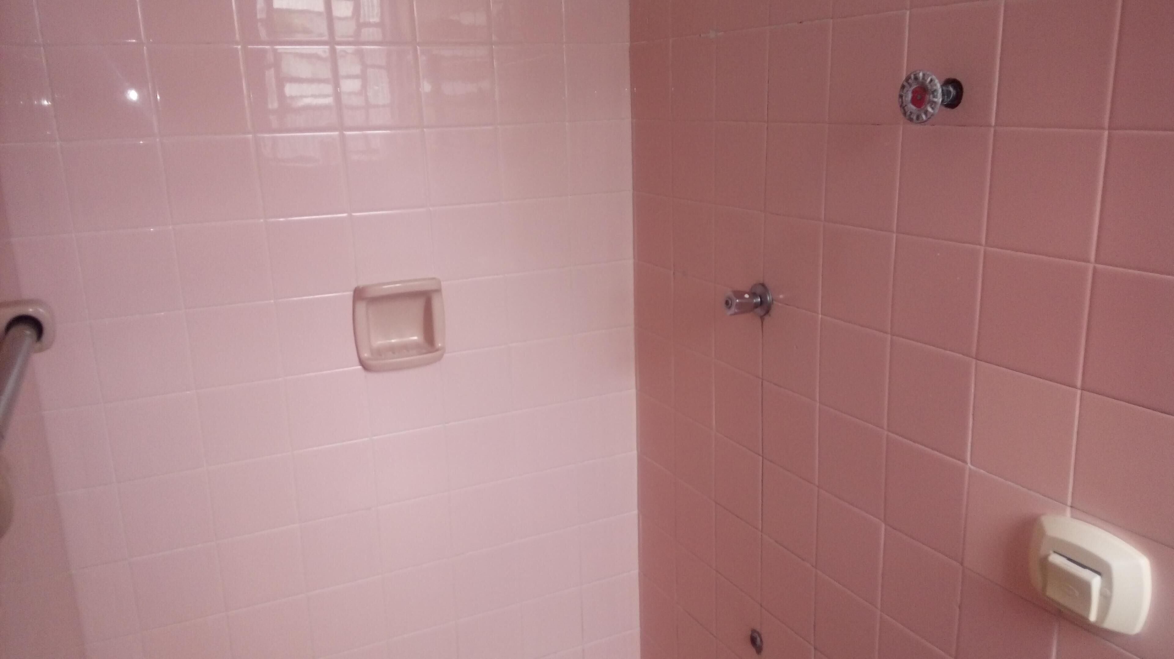 A bathroom with pink tiles, a soap dispenser, and a towel rack.