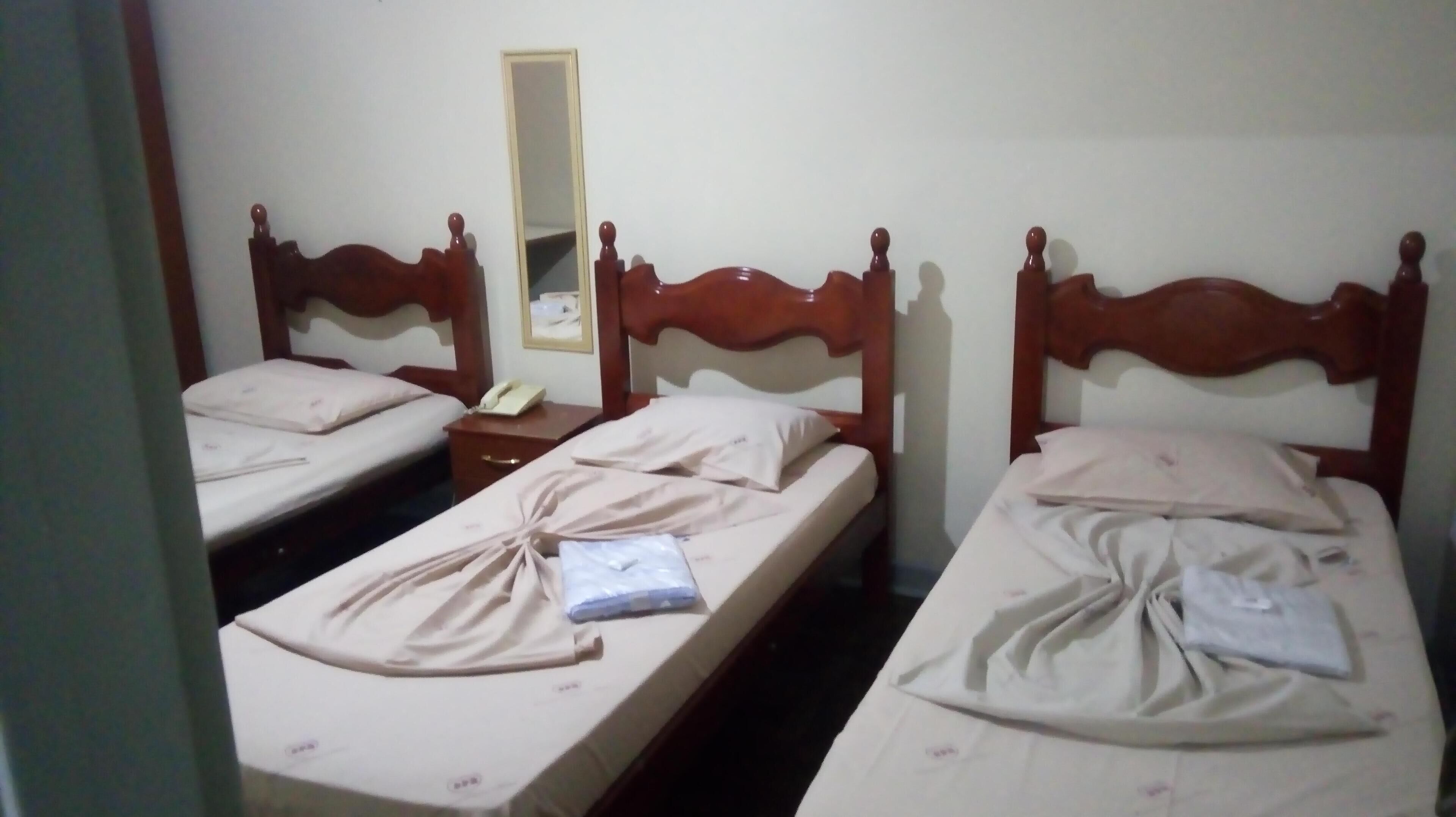 A hotel room with two single beds, wooden headboards, a bedside table with a lamp, and a mirror on the wall.